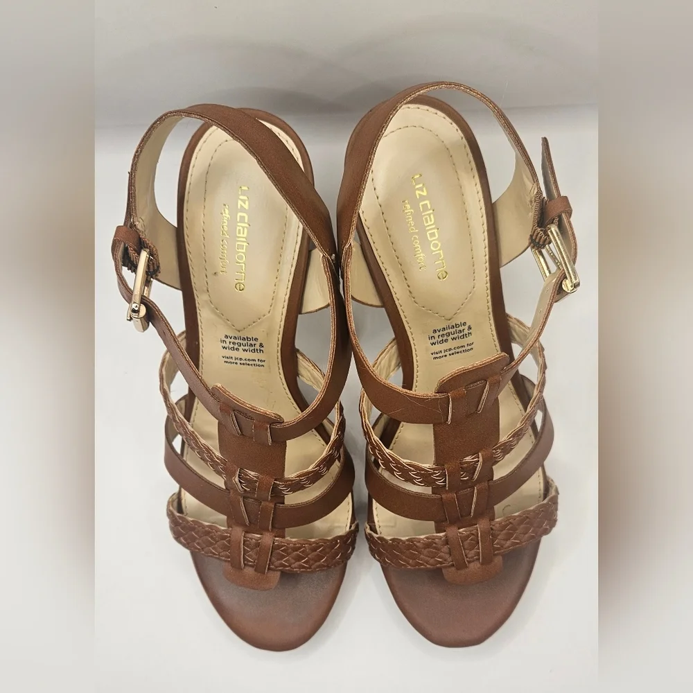 Barely used Liz Claiborne Palm Brown Braided Strappy 3.75" Heels - Picture 3 of 6